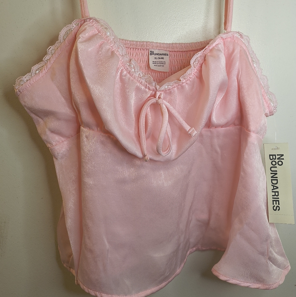 Womens Pink Satin Cami Lace Babydoll Spring Top XL NWT